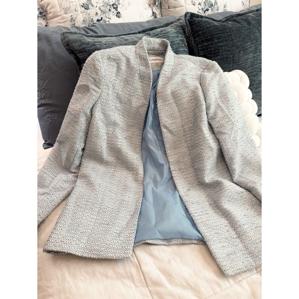 Calvin Klein Open Front Tweed Blazer Women Size 12 Petite Light Blue Long Sleeve